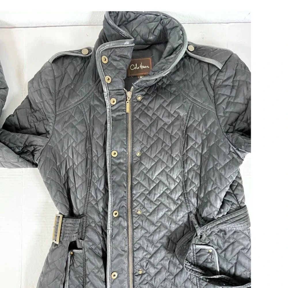Cole Haan Womens Quilted Trench Coat Belted  Black Lamb Skin Trim‎ Medium